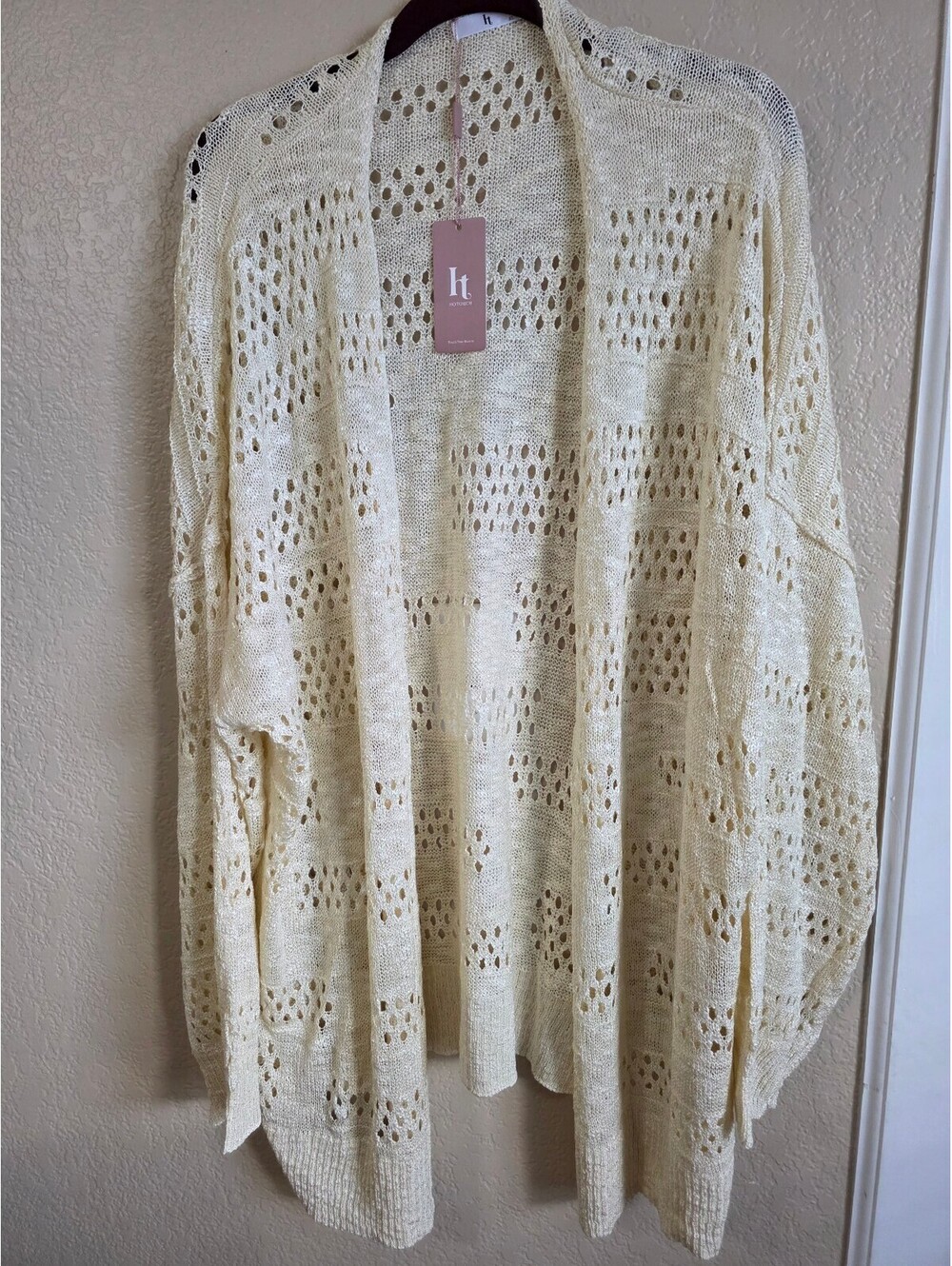 Hotouch Women's Open Front Crochet Cardigan Sweater XL Cream